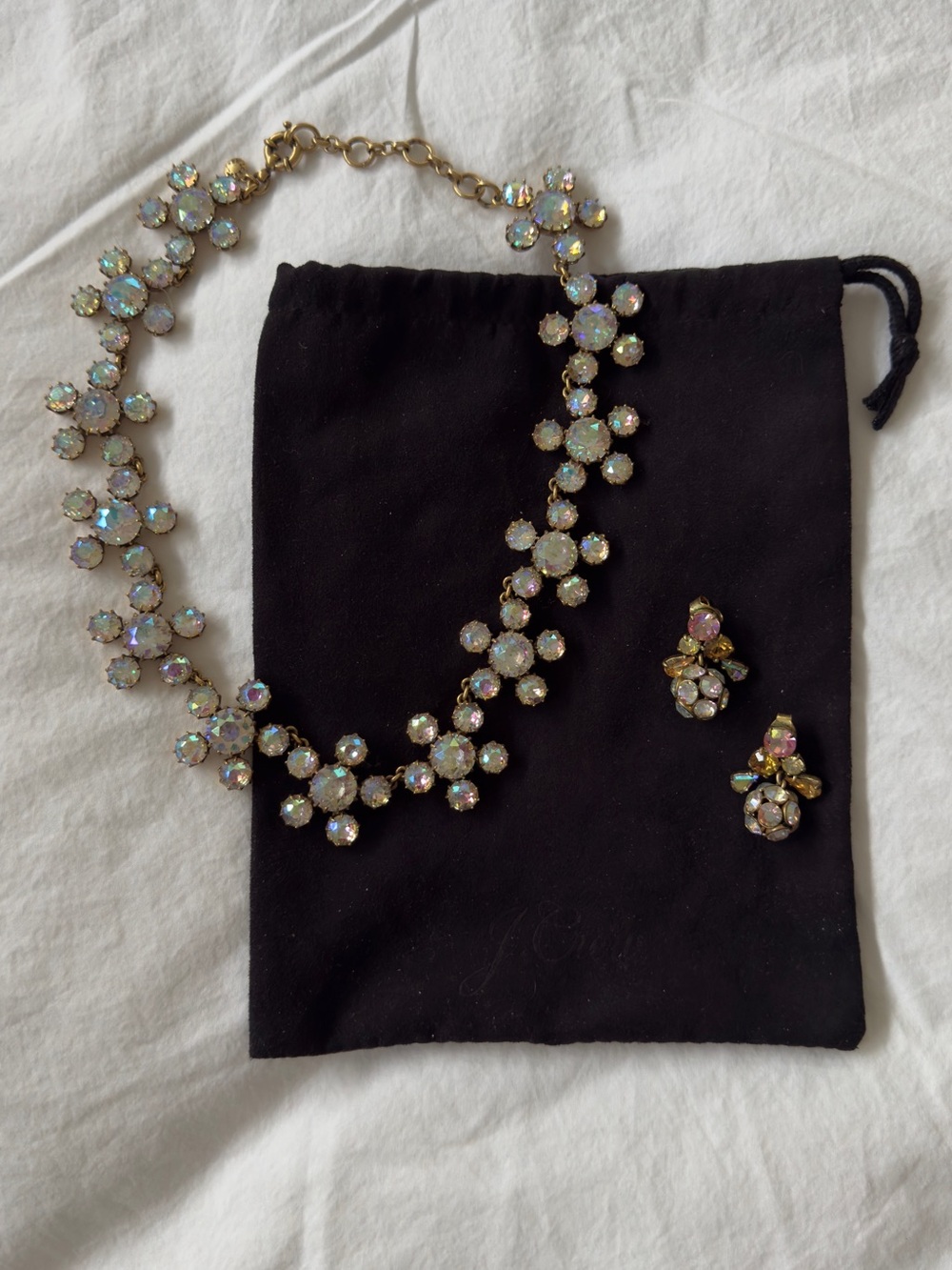 RARE Vintage JCrew Brûlée Crystal Flower Cluster Necklace & Earring set w/pouch - Picture 3 of 4